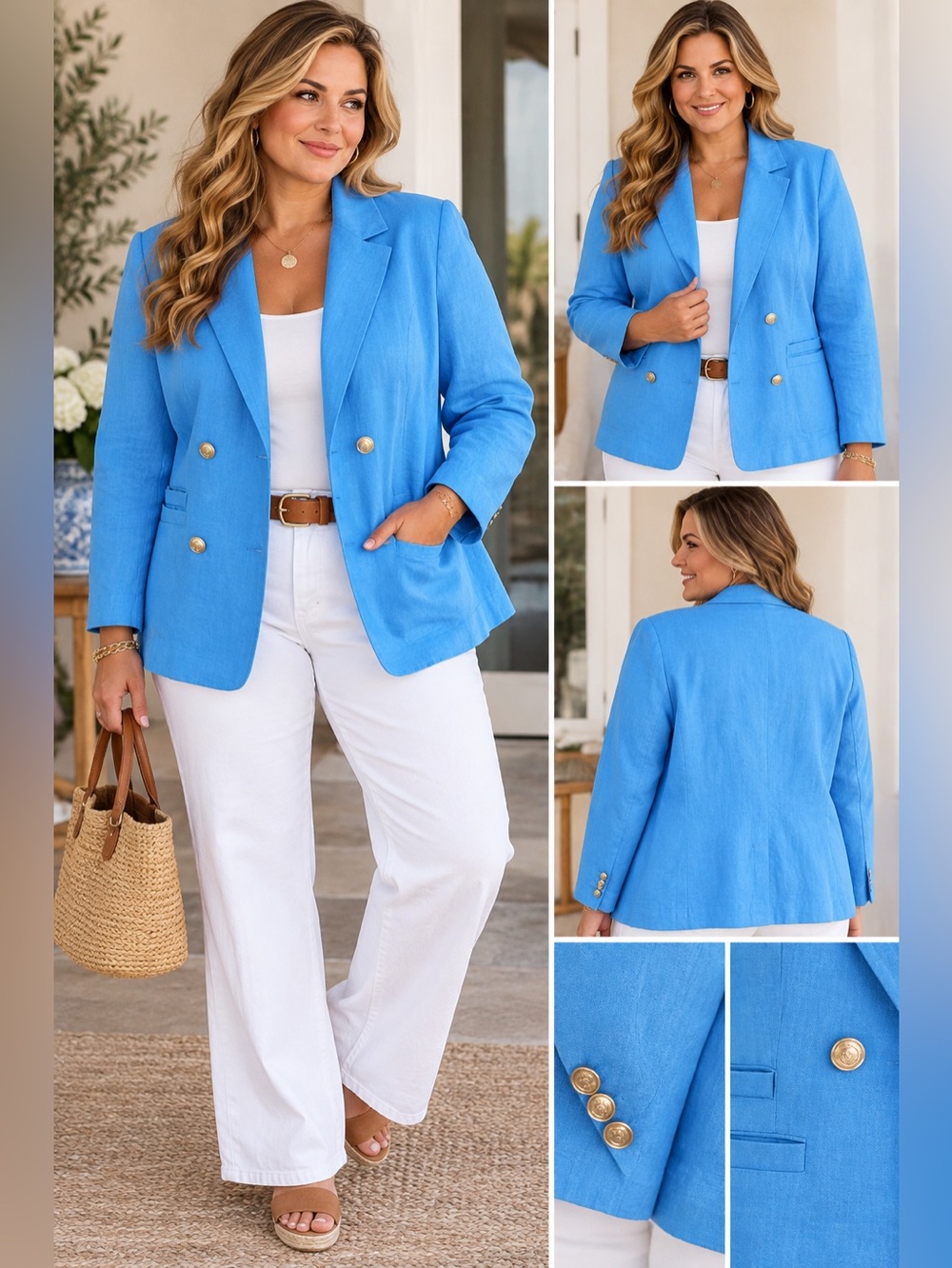 Talbots Plus Size 22W Blue Linen Blazer Gold Buttons Coastal Old Money